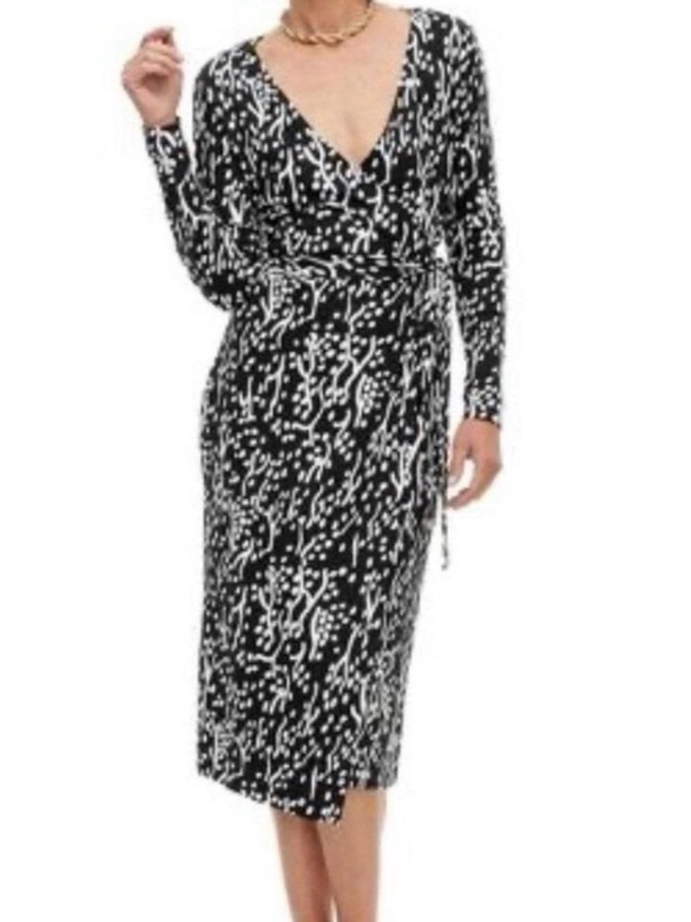 Diane Von Furstenberg Midi Dress Size XS Black White Wrap Long Sleeve Tie Waist